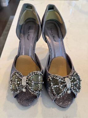 Bejeweled Glitter Open-Toe Heels in Gunmetal by Aileen & Heart